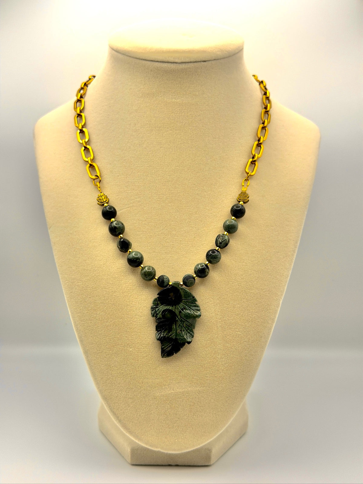 Kambaba Jasper Carved Leaf Pendant Necklace – Gold-Tone Chain & 8mm Kambaba Jasper Beads