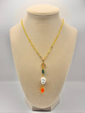 Resin Drop Charm Necklace with Pearly White Baroque-Style Shell Pearl & Gold-Plated Chain