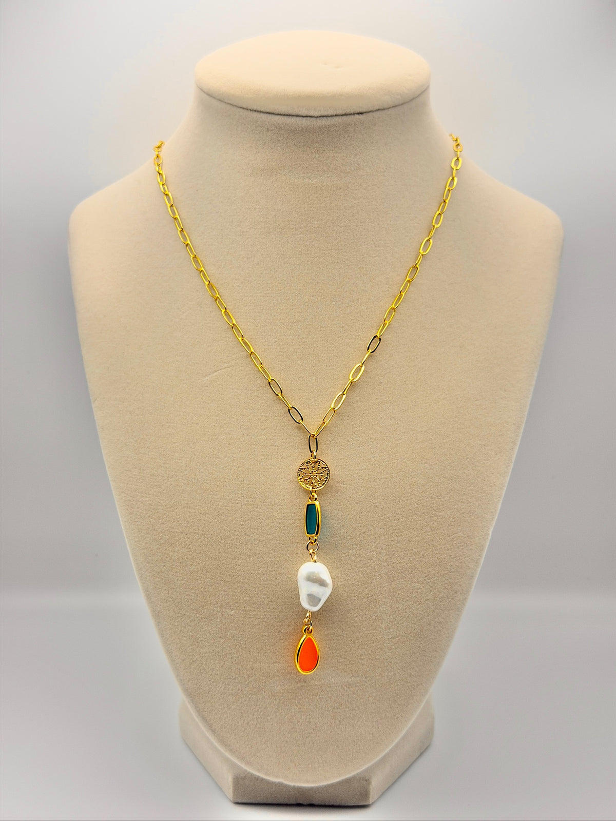Resin Drop Charm Necklace with Pearly White Baroque-Style Shell Pearl & Gold-Plated Chain