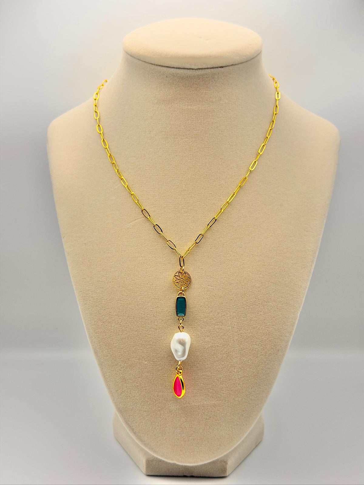 Resin Drop Charm Necklace with Pearly White Baroque-Style Shell Pearl & Gold-Plated Chain