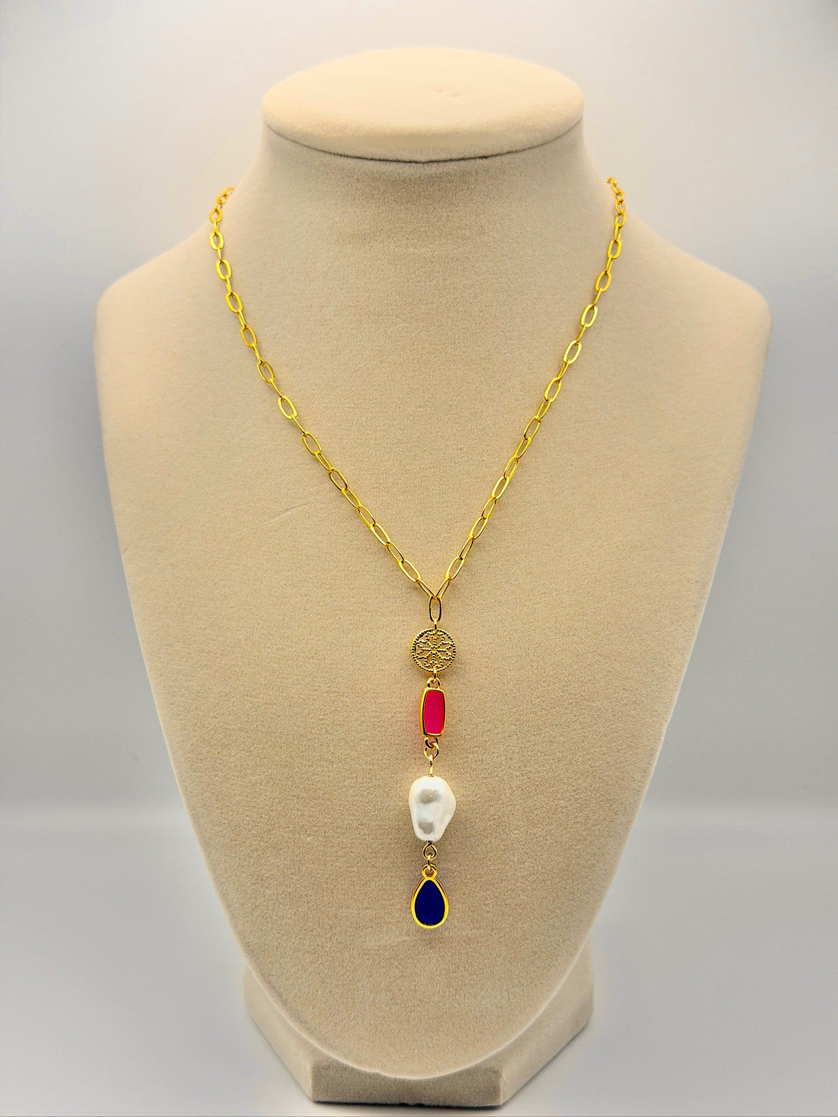 Resin Drop Charm Necklace with Pearly White Baroque-Style Shell Pearl & Gold-Plated Chain