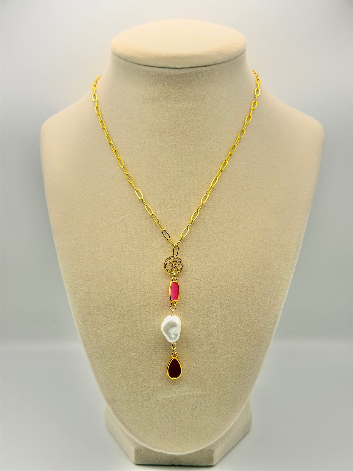 Resin Drop Charm Necklace with Pearly White Baroque-Style Shell Pearl & Gold-Plated Chain
