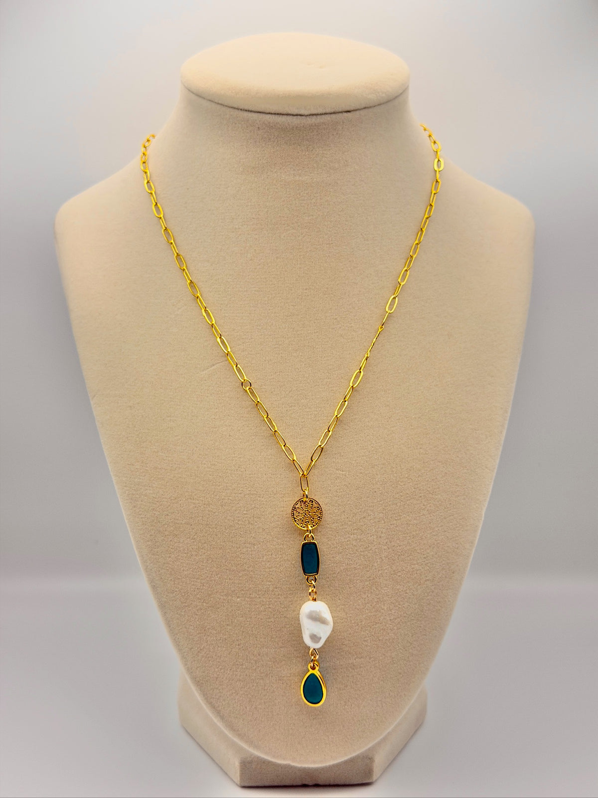 Resin Drop Charm Necklace with Pearly White Baroque-Style Shell Pearl & Gold-Plated Chain