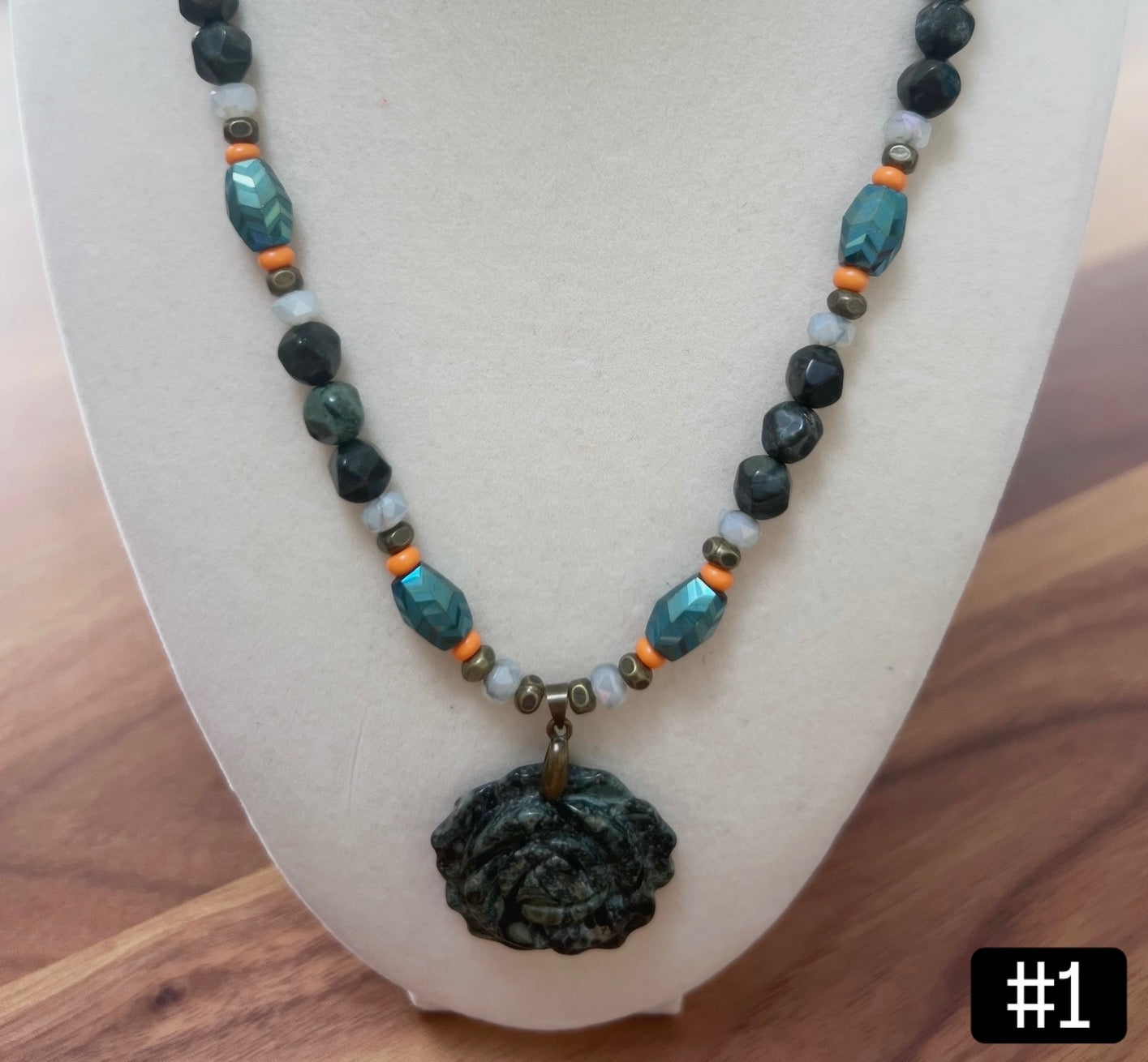 Kambaba Jasper Carved Rose Pendant Necklace – Green Iris Crystal Beads