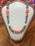 Green Jade & Coral Howlite Fish and Turtle Charm Necklace