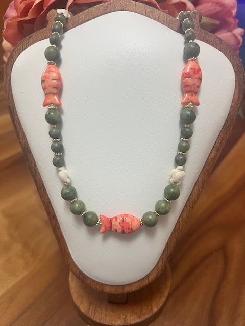 Green Jade & Coral Howlite Fish and Turtle Charm Necklace