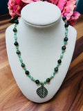 Kambaba Jasper Necklace – Teal & Crystal Accents, Bronze Patina Leaf Pendant