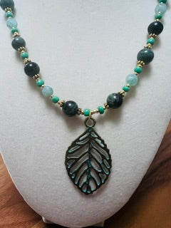 Kambaba Jasper Necklace – Teal & Crystal Accents, Bronze Patina Leaf Pendant