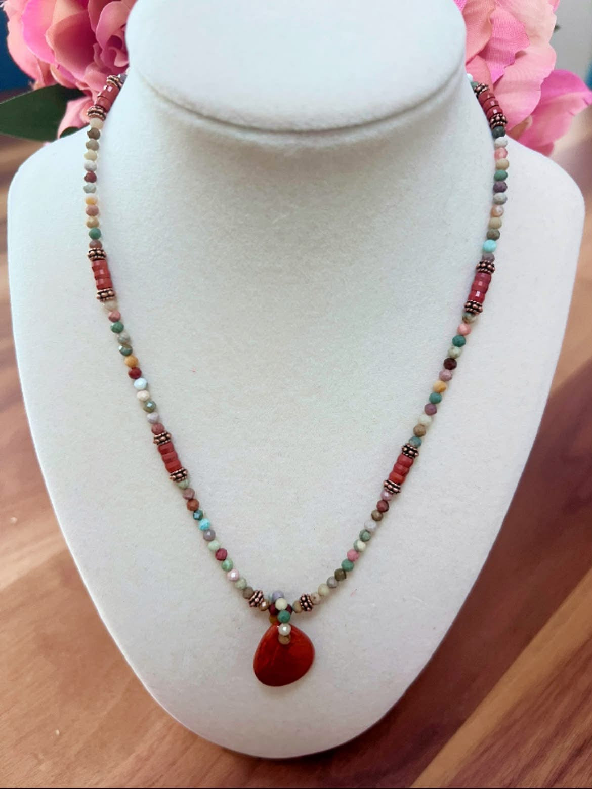 Micro-Faceted Alashan Agate Necklace with Red Jasper Teardrop Pendant