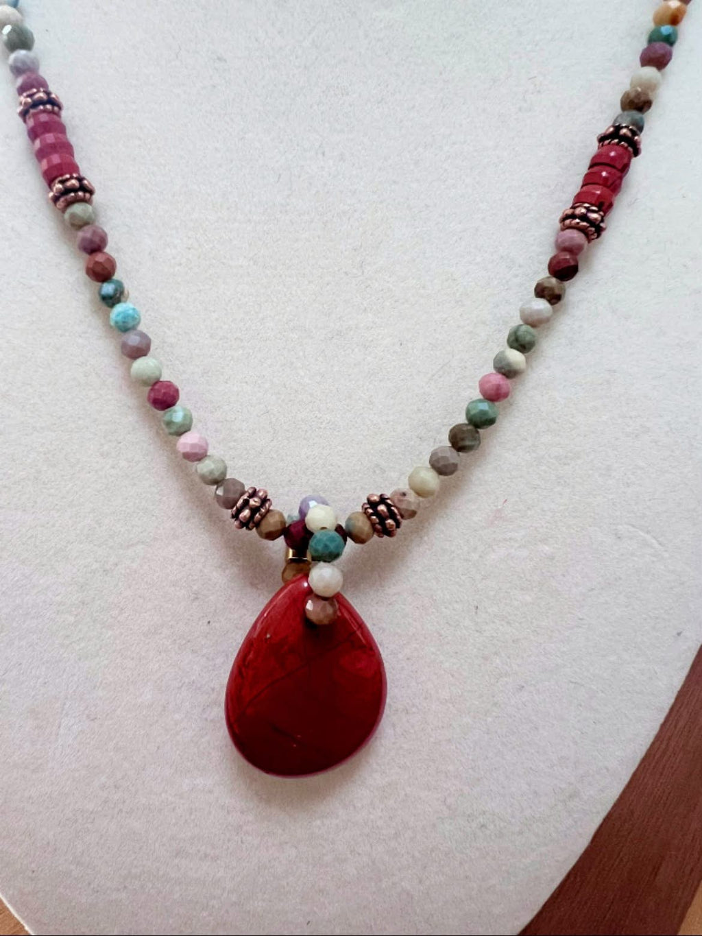 Micro-Faceted Alashan Agate Necklace with Red Jasper Teardrop Pendant