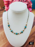 Green Iris Chevron Barrel & Olivine Crystal Beaded Necklace – Dark Orange Saucer Beads & Chain
