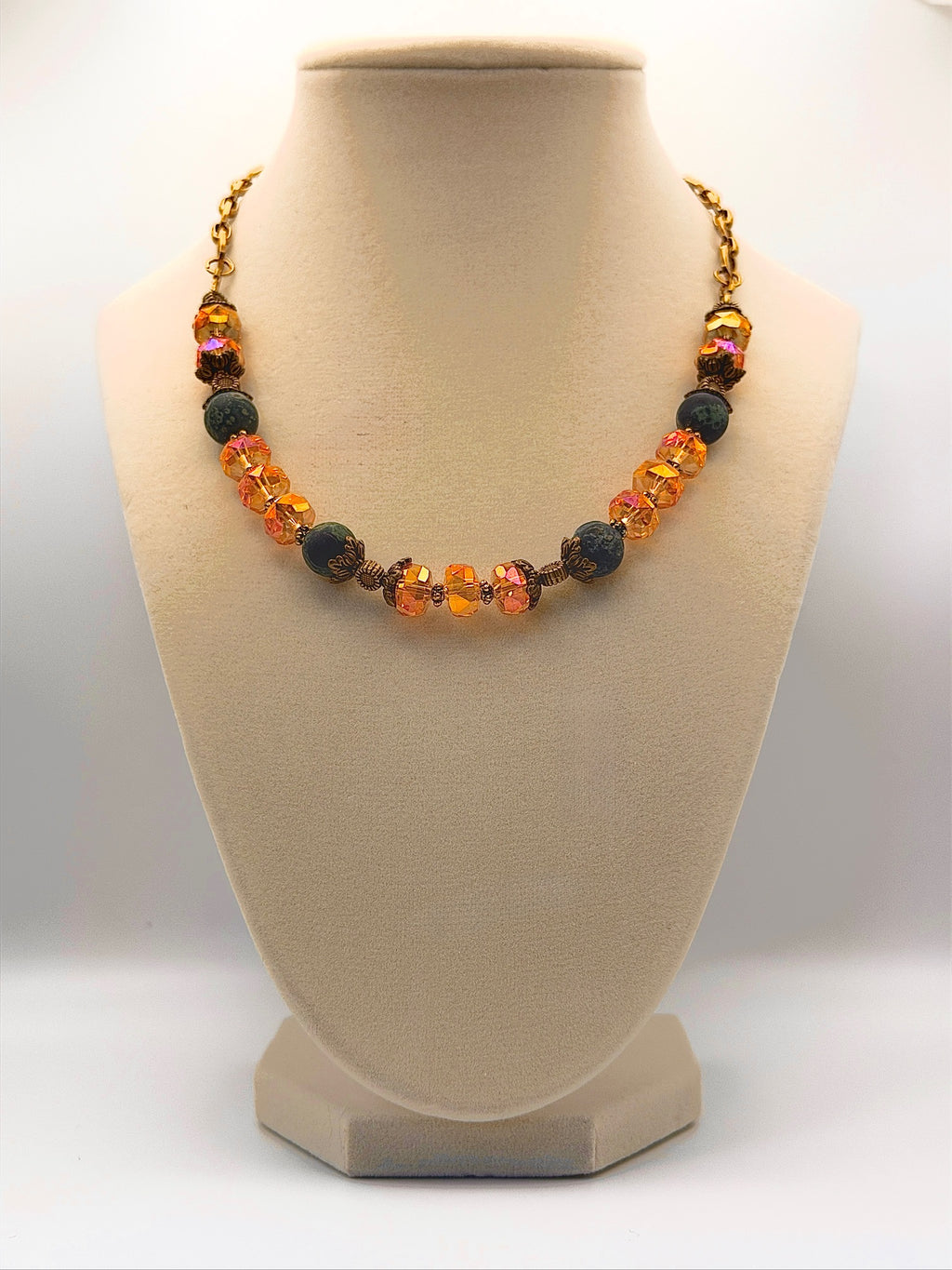 Kambaba Jasper Necklace with 10mm Matte Beads & Fancy Crystal Rondelles