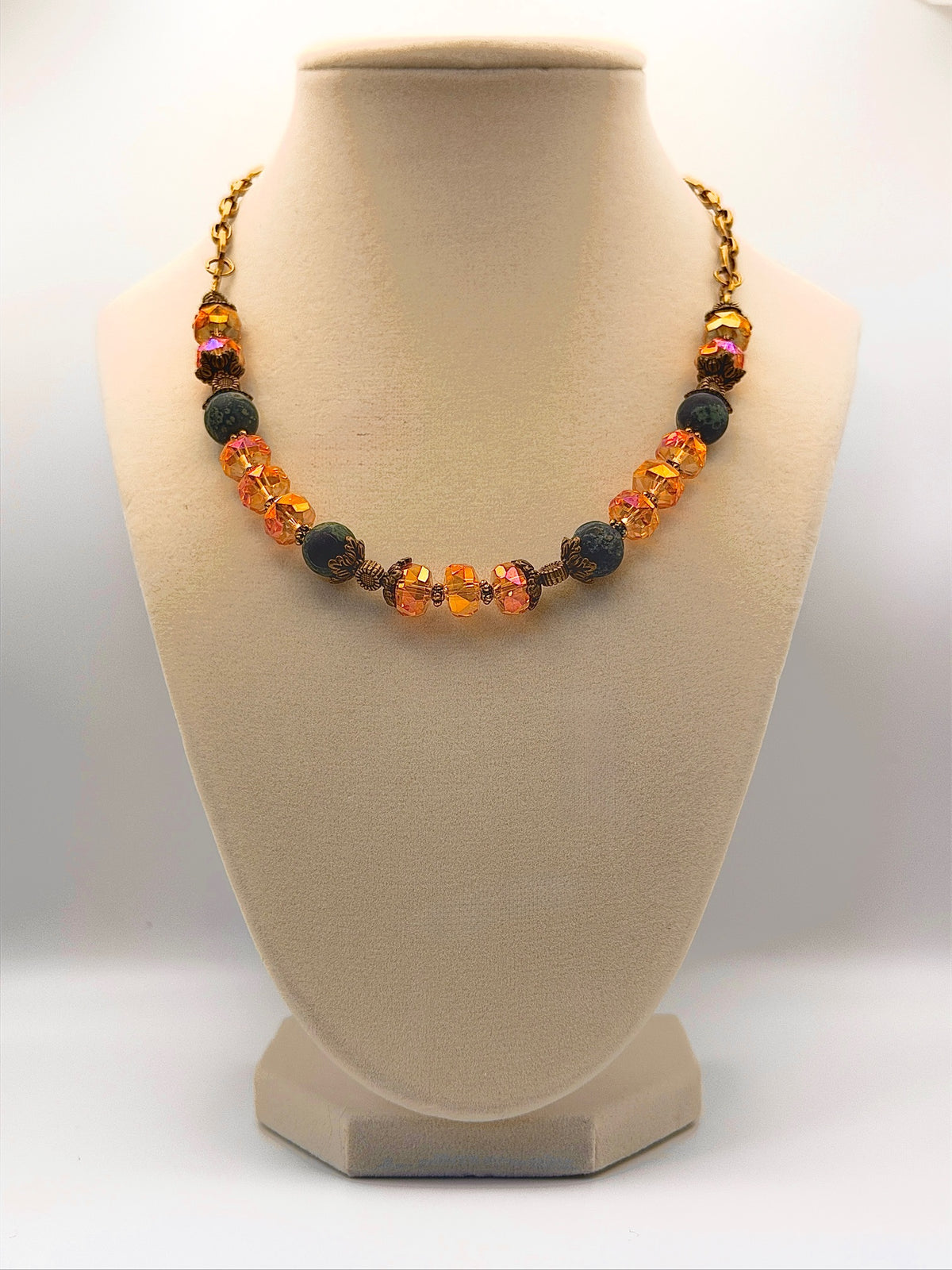 Kambaba Jasper Necklace with 10mm Matte Beads & Fancy Crystal Rondelles