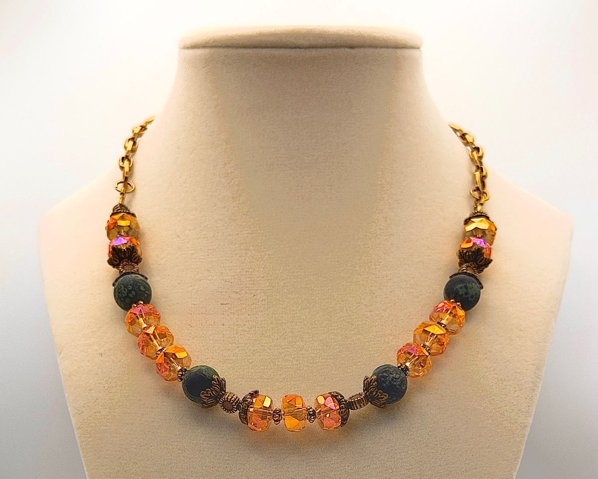 Kambaba Jasper Necklace with 10mm Matte Beads & Fancy Crystal Rondelles