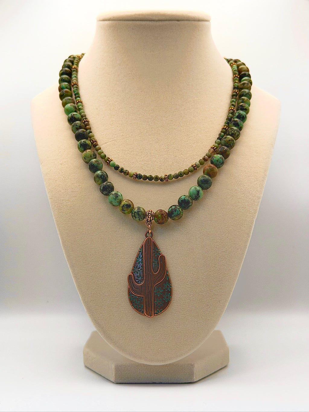 African Turquoise Double-Strand Statement Necklace with Patina Cactus Pendant