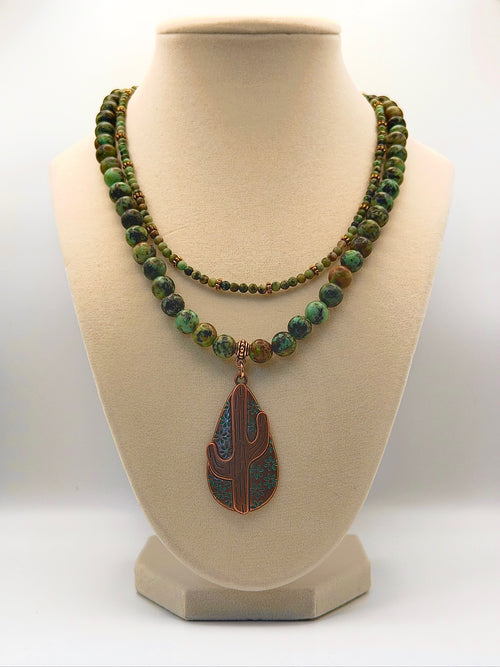 African Turquoise Double-Strand Statement Necklace with Patina Cactus Pendant