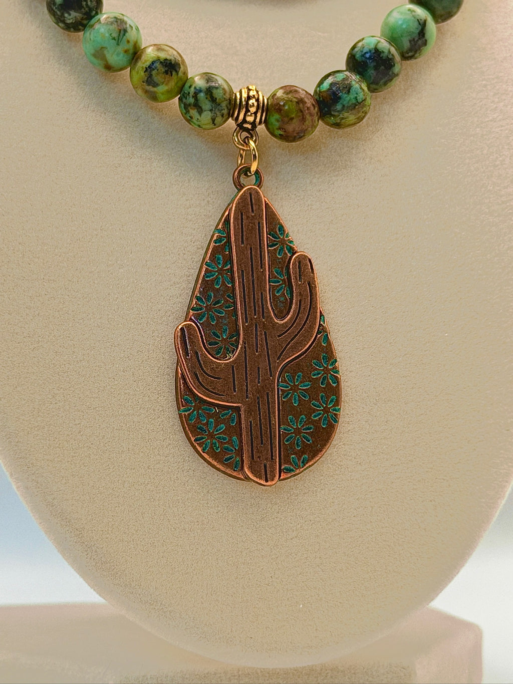 African Turquoise Double-Strand Statement Necklace with Patina Cactus Pendant