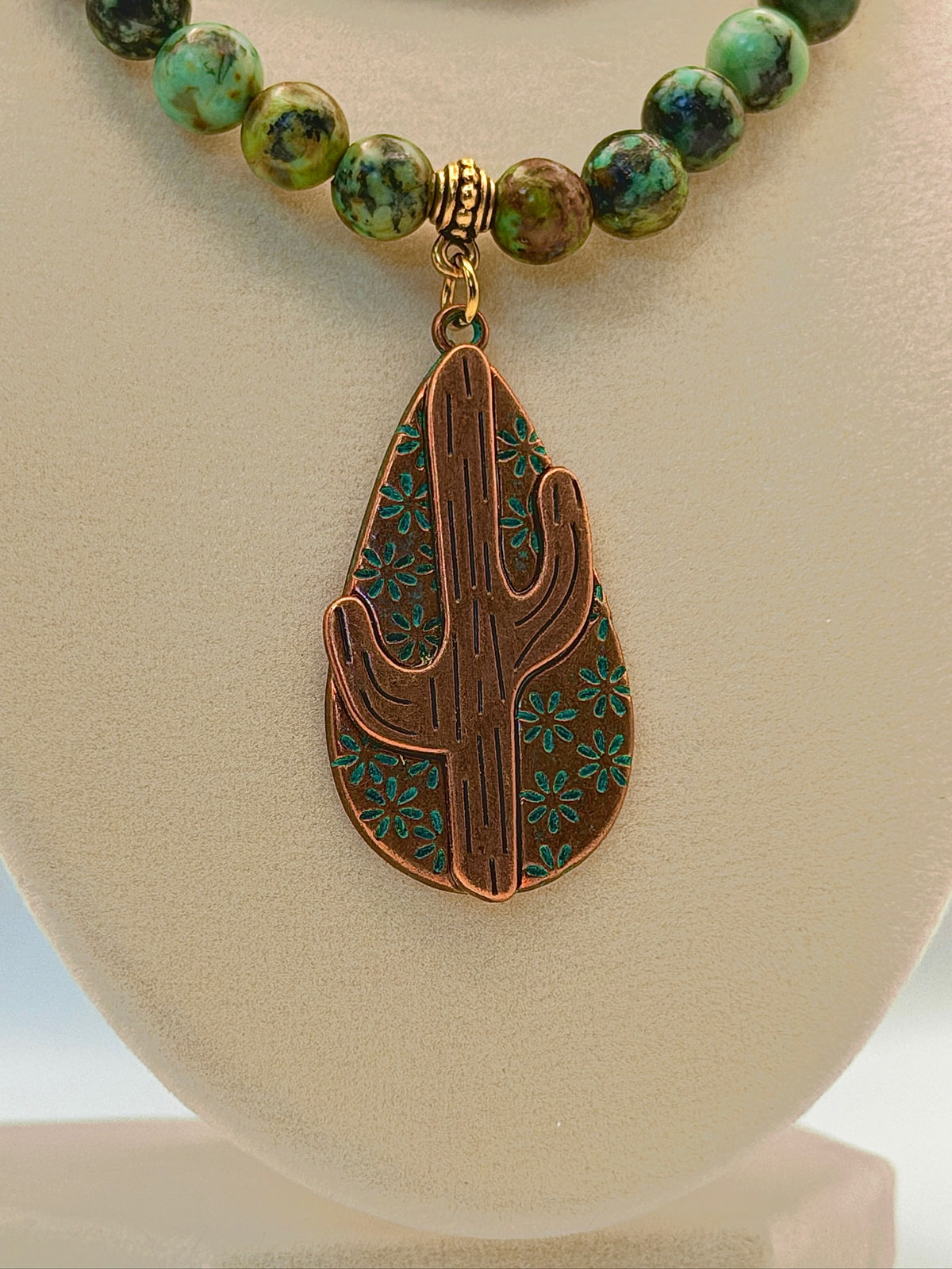 African Turquoise Double-Strand Statement Necklace with Patina Cactus Pendant