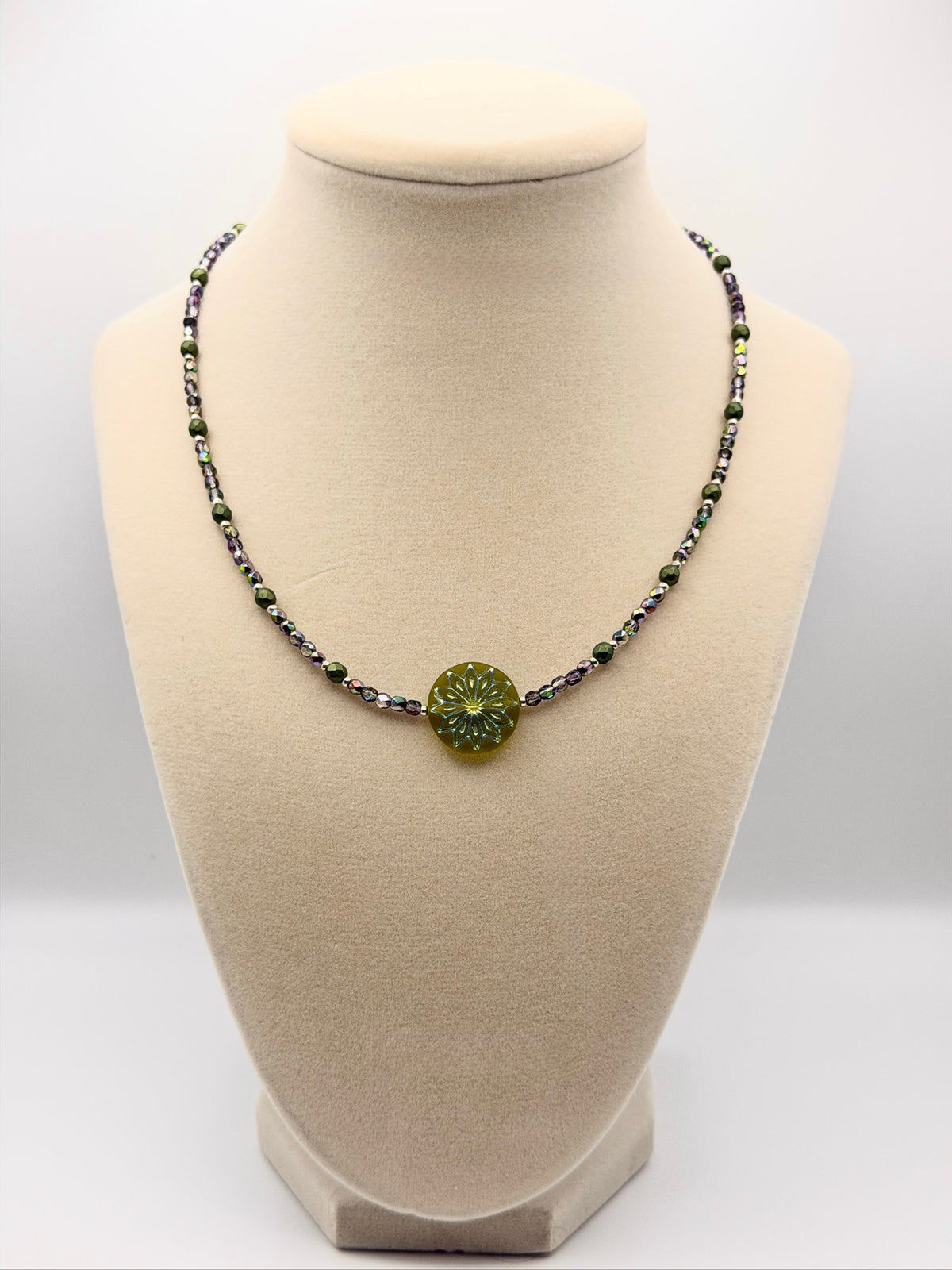 Czech Glass Origami Flower in Peridot AB focal with Czech glass faceted Accents