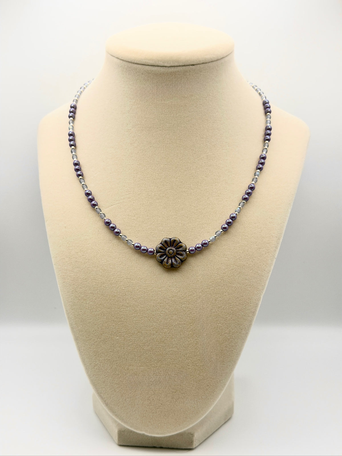 Czech Glass Lavender Luster Pearl Necklace with a CG Rainbow Violet Daisy Center and CG Sparkle Accent