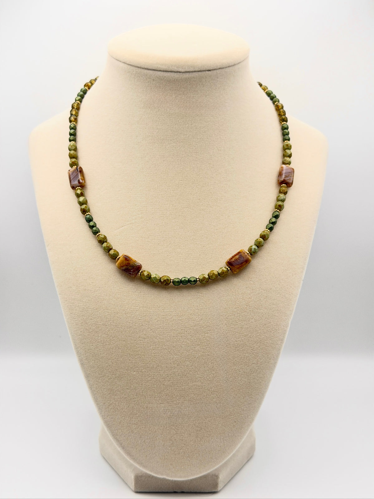 Czech Glass Necklace with 8x12mm tabular rectangles, mixed Picasso with Moss Green Travertine & Antique Green Fire Polish Accents