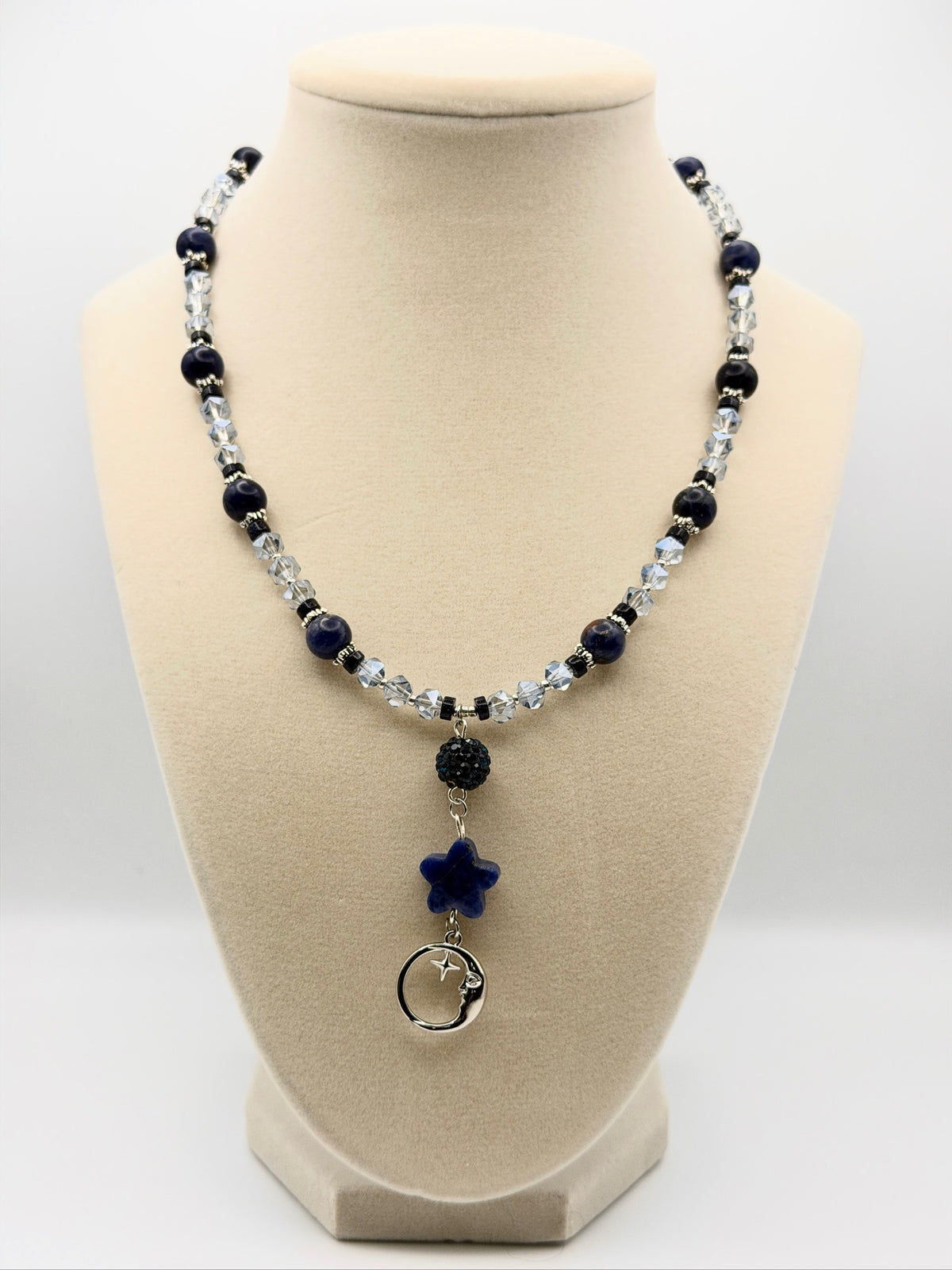 Sodalite & Steel Blue Crystal Necklace with Blue Goldstone Heishi and Antique Silver Moon Charm Pendant