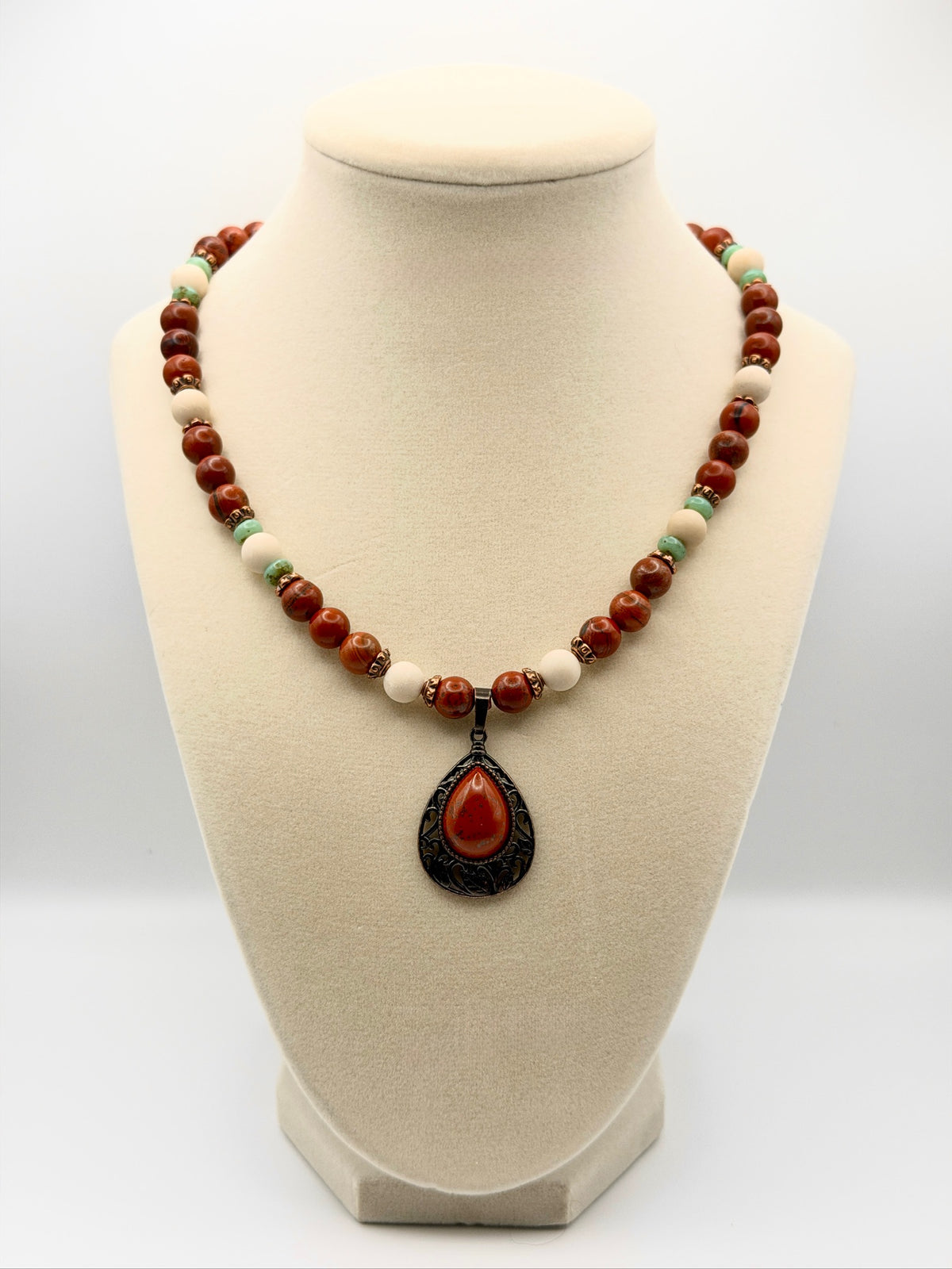 Red Jasper Teardrop Pendant with Red Rainbow Jasper & River Stone Fossil/Jasper