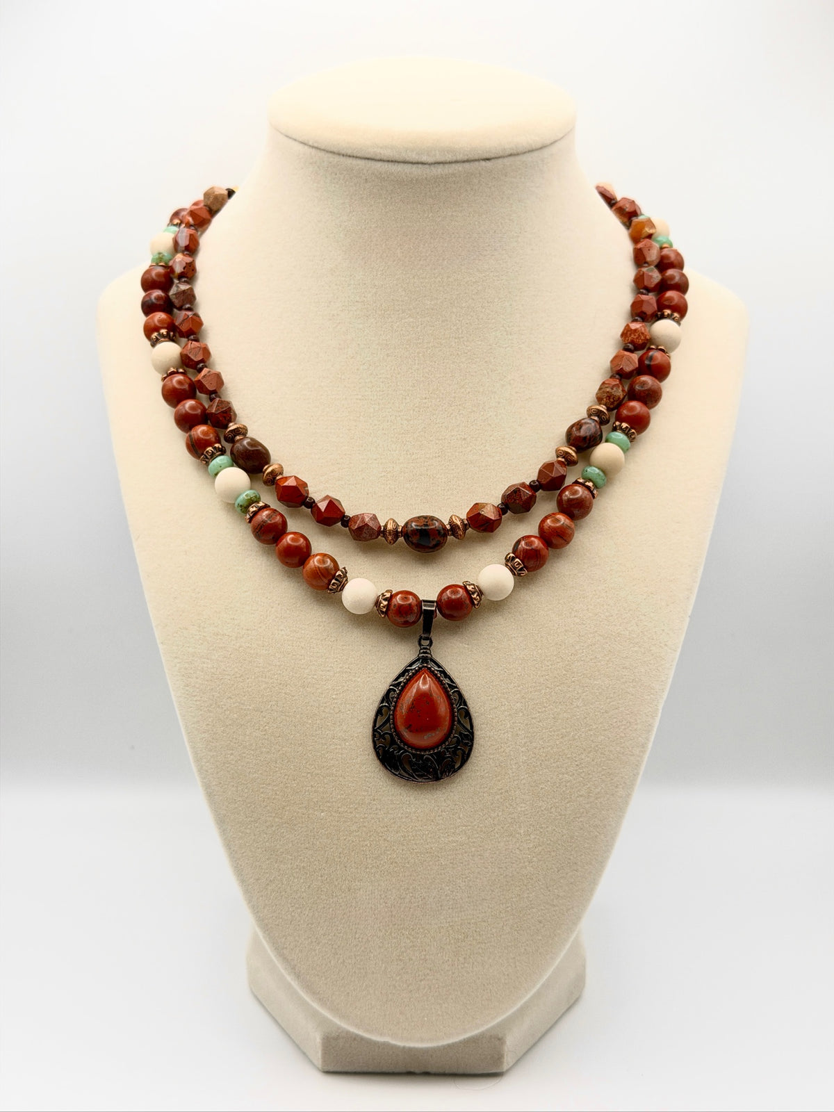 Red Rainbow Jasper & Mahogany Obsidian Necklace with Copper Chain