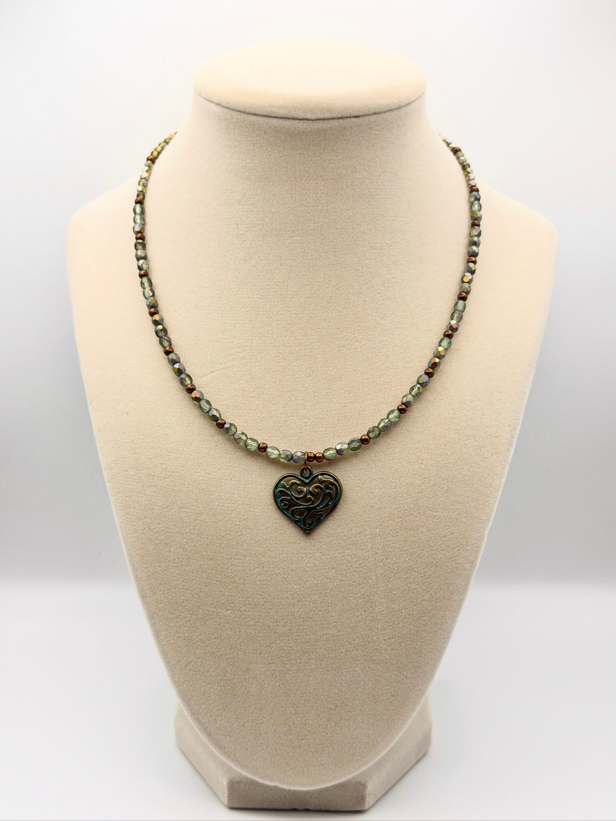 Czech Fire Polish Necklace in Matte Crystal Vitrail Blue with a Patina Heart Charm