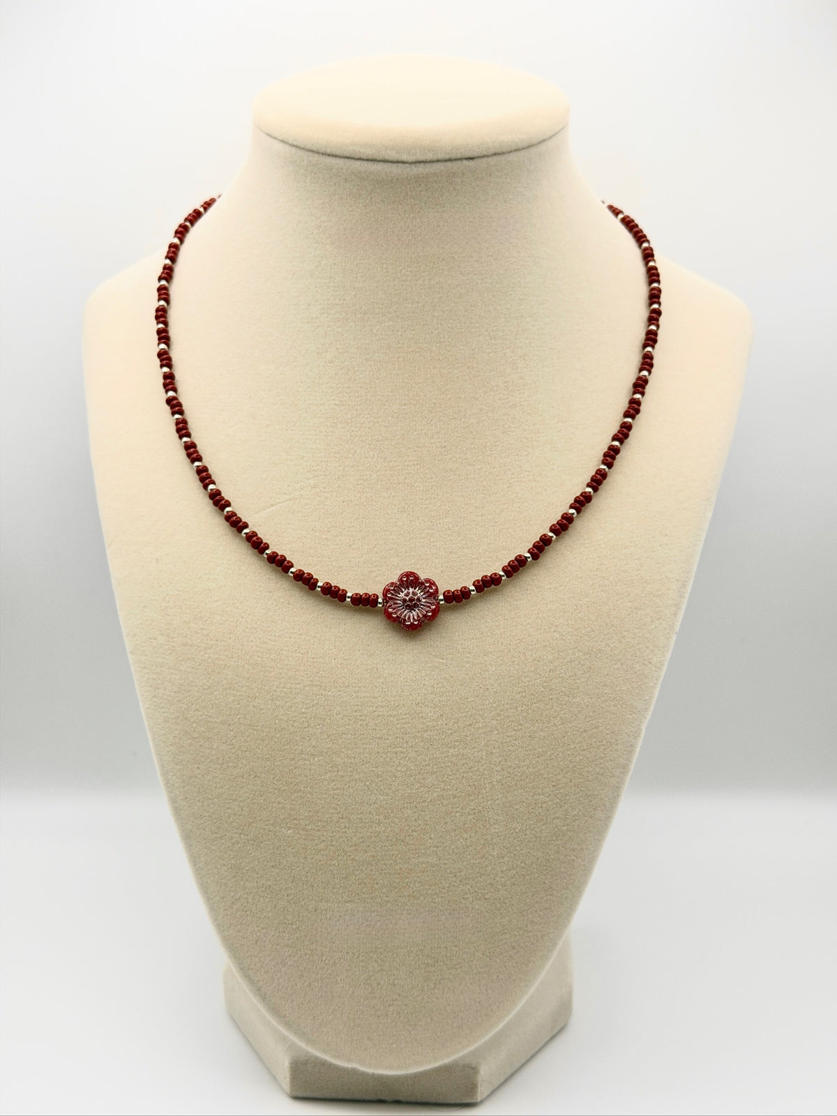 Czech Preciosa Beaded Necklace with Wild Rose Red Opaline with a Platinum Wash Coin Bead Center