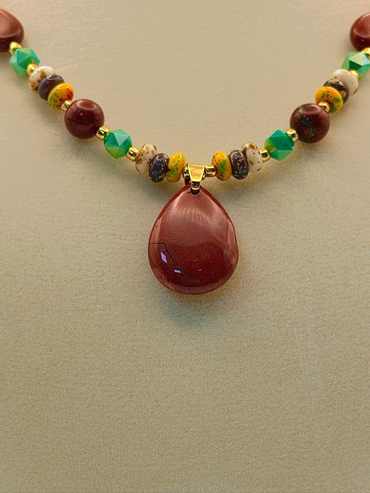 Red Jasper Teardrop Necklace with Turquoise Sparkle