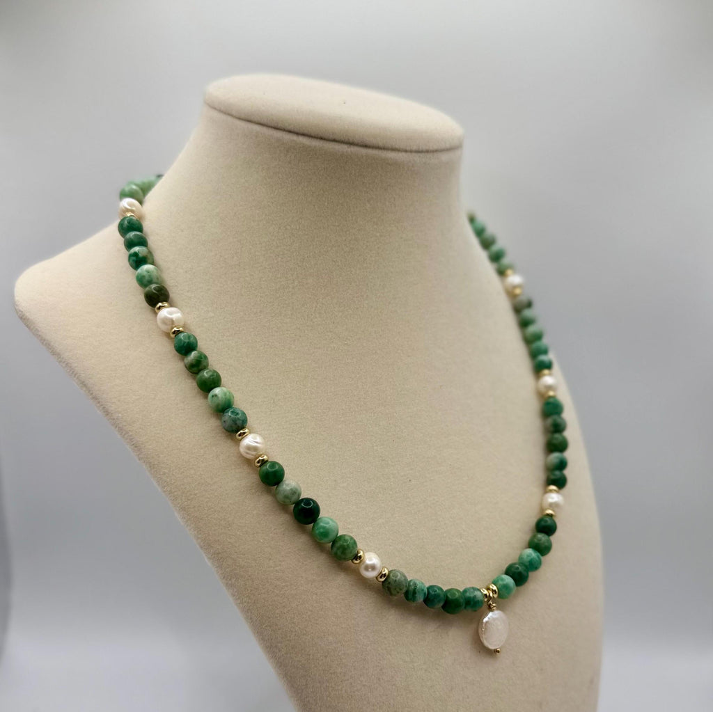 Green Opal 6mm Bead with Fresh Water Pearls Necklace - 18.0 inches long