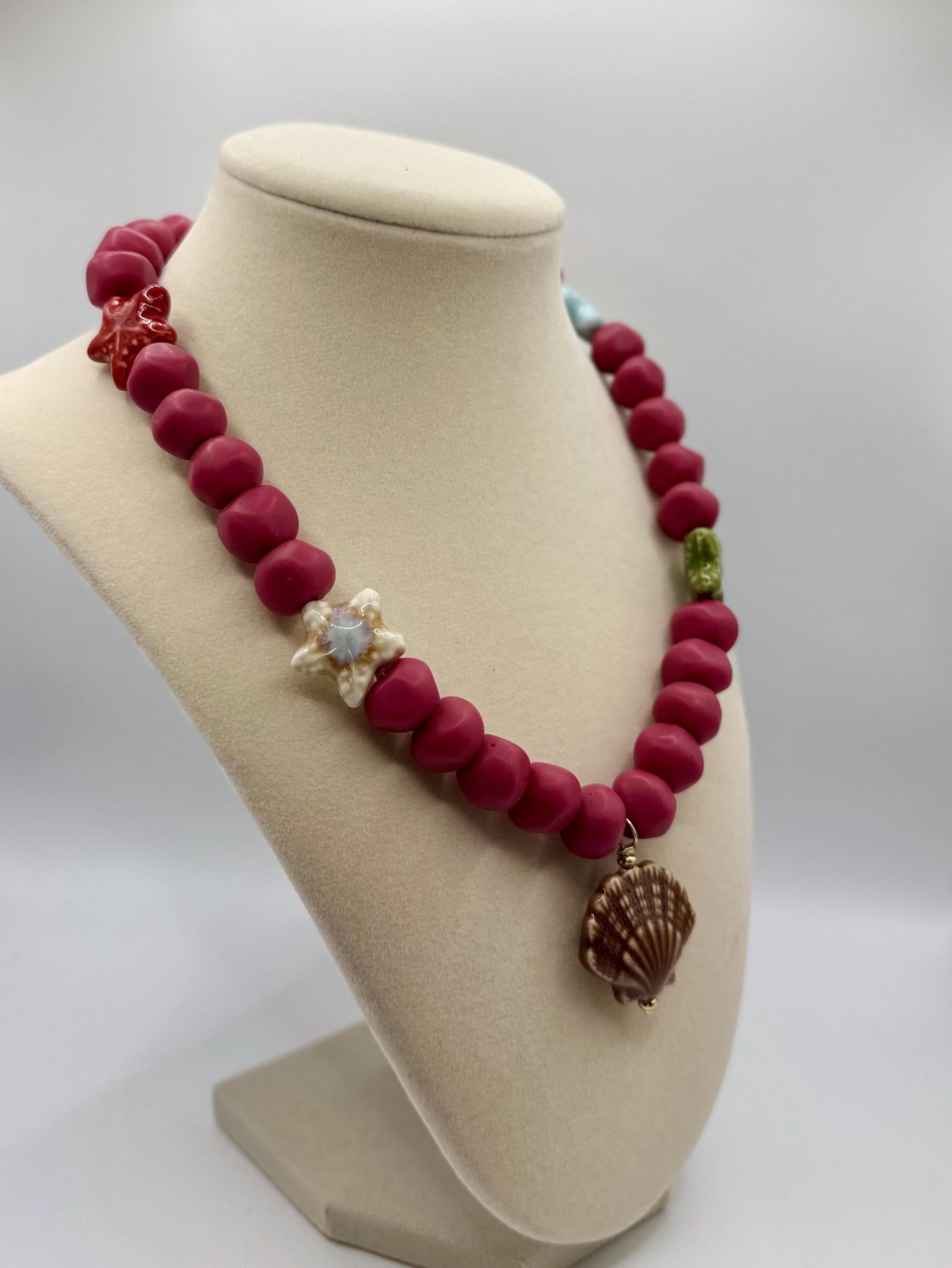 Dusty Rose Resin 12mm Nuggets necklace with Porcelain Shell & Starfish Pendants - 18.0 inches long
