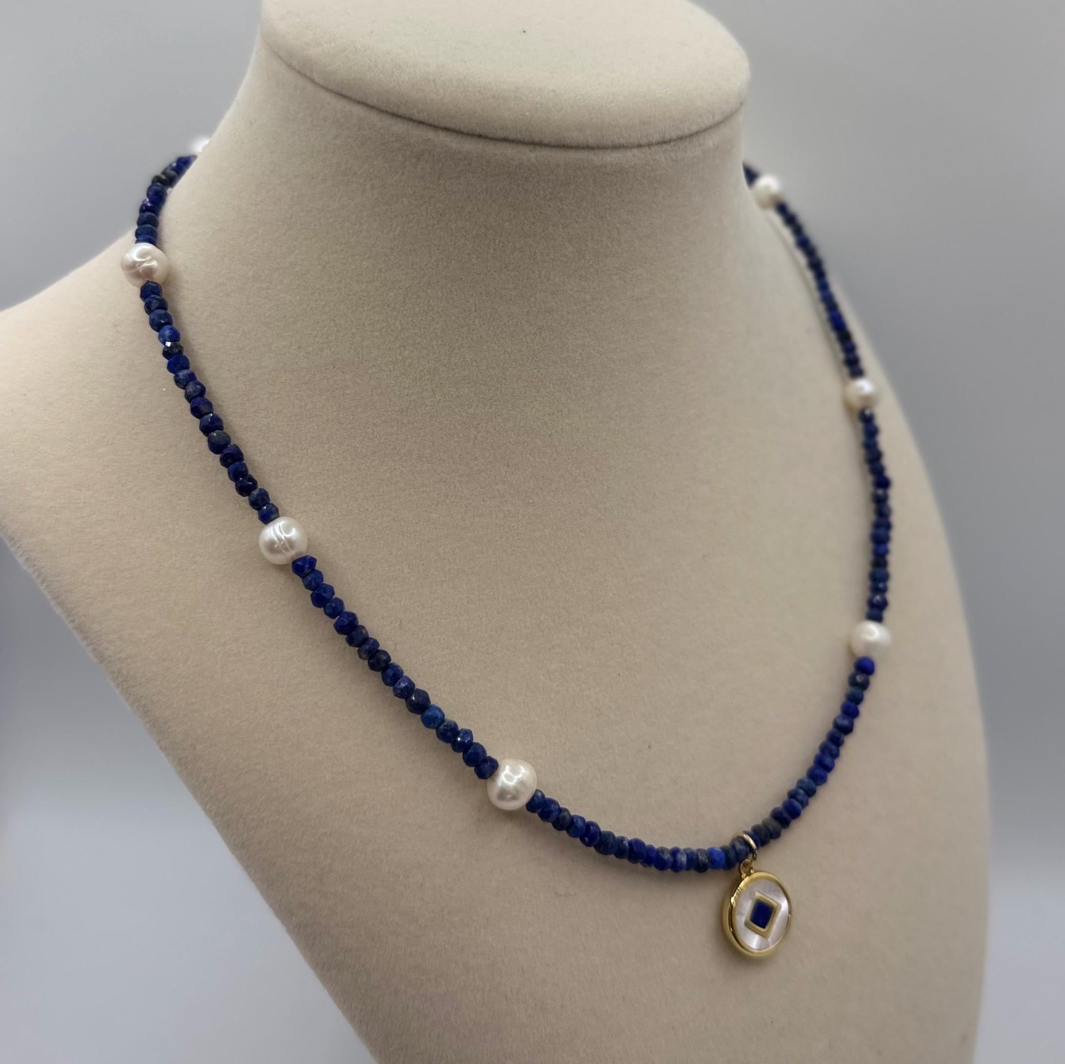 Handmade Lapis Lazuli Beaded Necklace with Freshwater Pearls & Charm