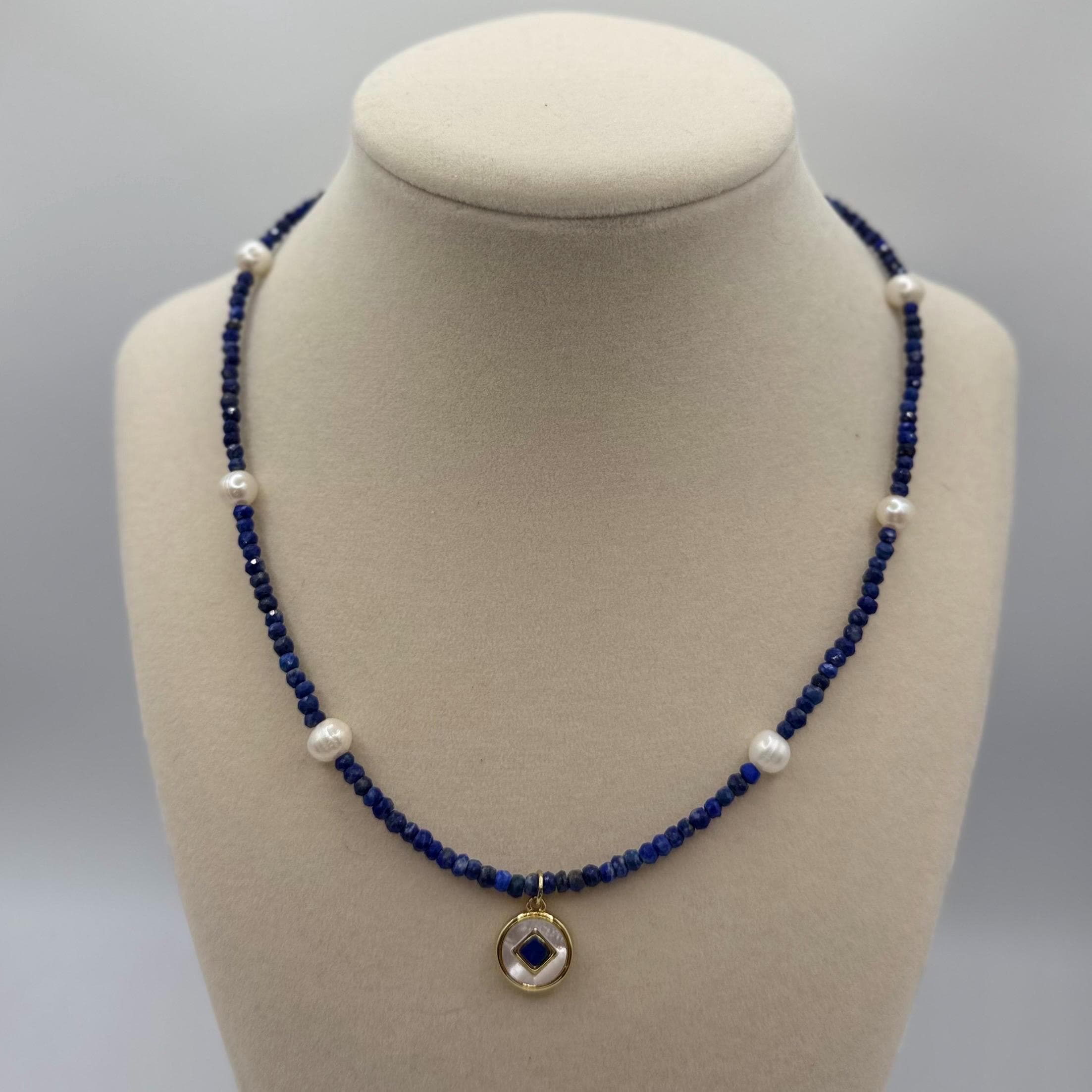 Handmade Lapis Lazuli Beaded Necklace with Freshwater Pearls & Charm