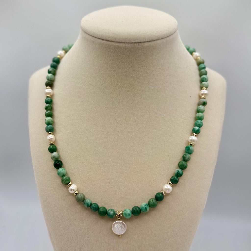 Green Opal 6mm Bead with Fresh Water Pearls Necklace - 18.0 inches long