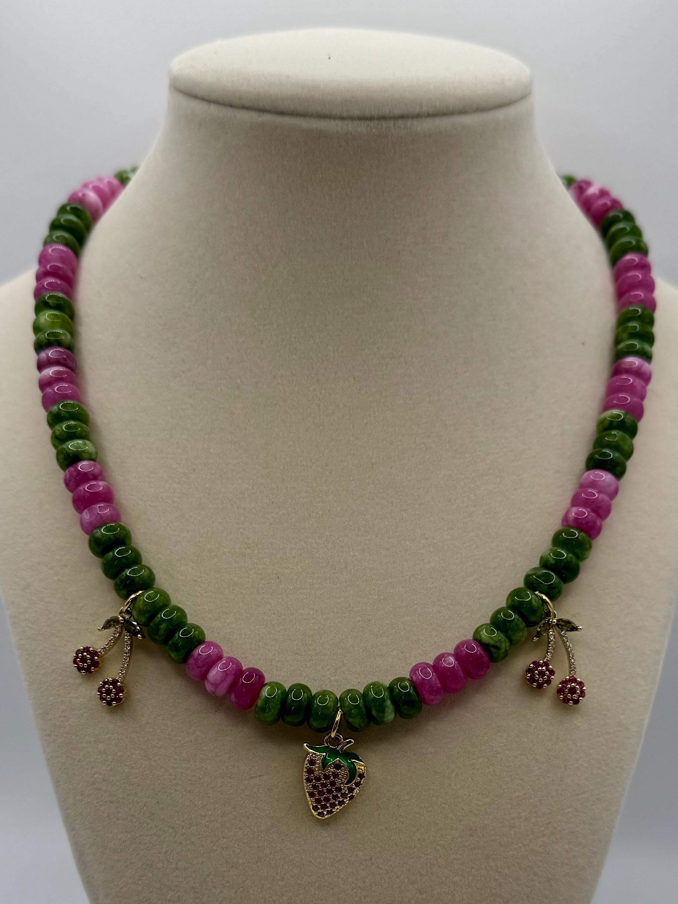 Jade Flat Rounded Dyed (8”x4.5”) Beaded Necklace with Strawberry charms - 17 inches long