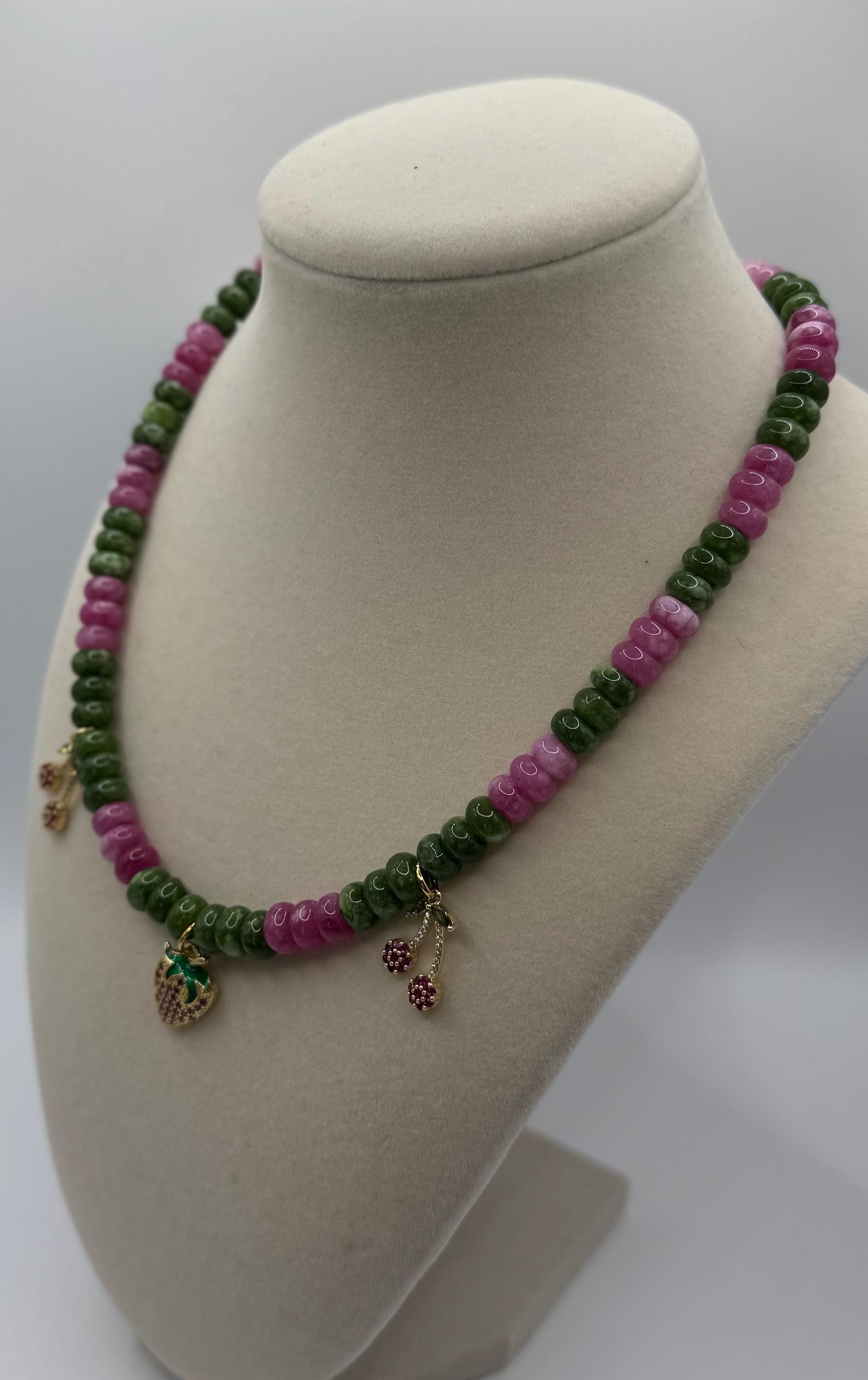 Jade Flat Rounded Dyed (8”x4.5”) Beaded Necklace with Strawberry charms - 17 inches long