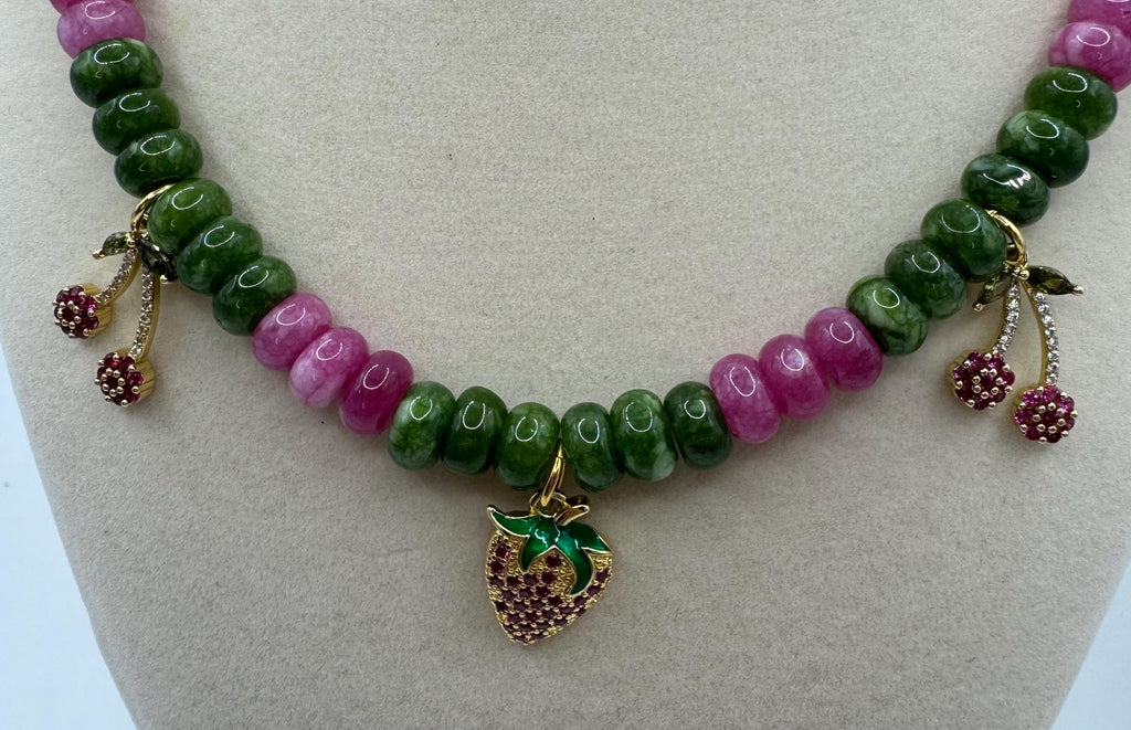 Jade Flat Rounded Dyed (8”x4.5”) Beaded Necklace with Strawberry charms - 17 inches long