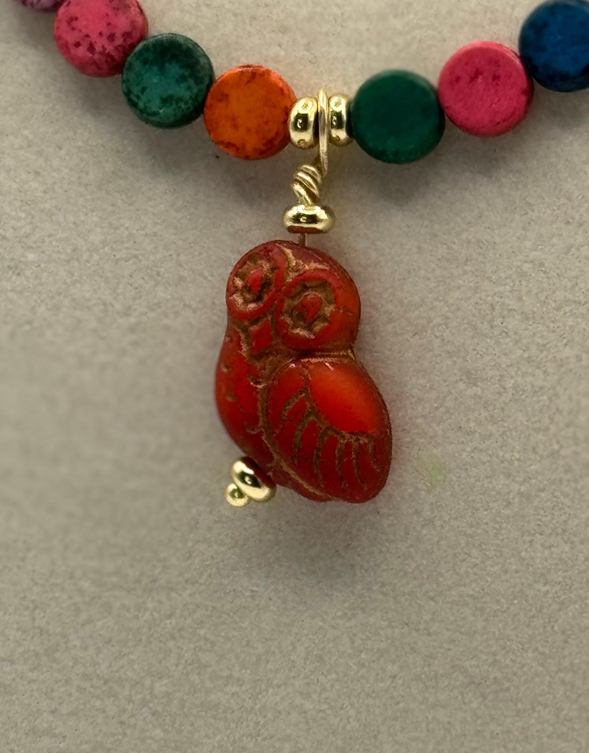 Howlite Bead Necklace: Czech Glass Flowers & Birds, 18 inches long