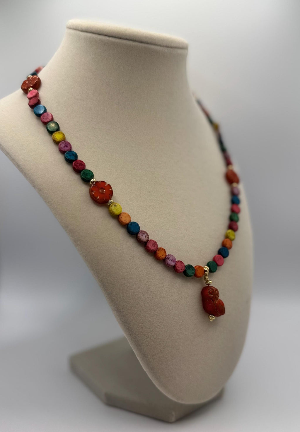 Howlite Bead Necklace: Czech Glass Flowers & Birds, 18 inches long