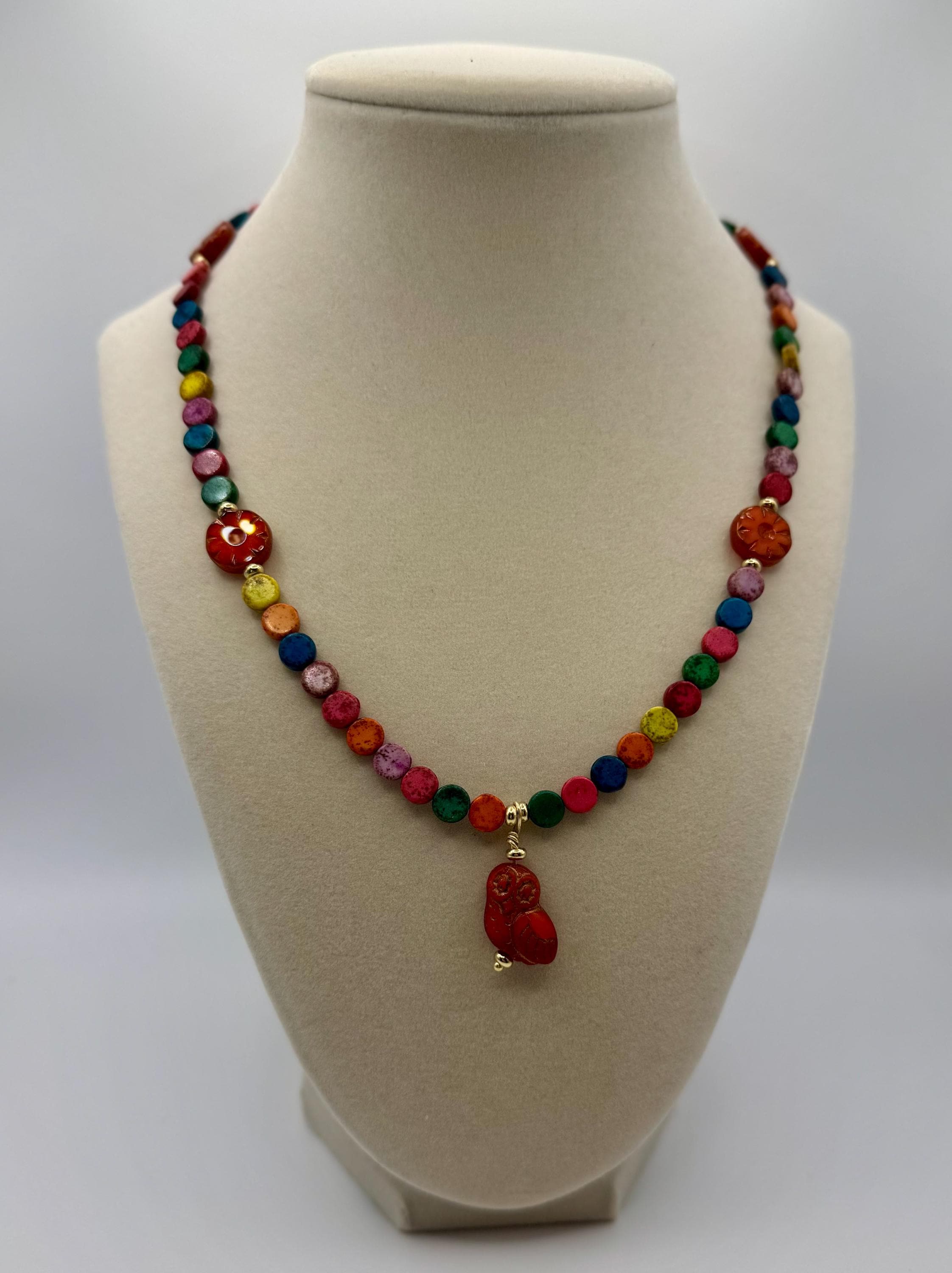 Howlite Bead Necklace: Czech Glass Flowers & Birds, 18 inches long