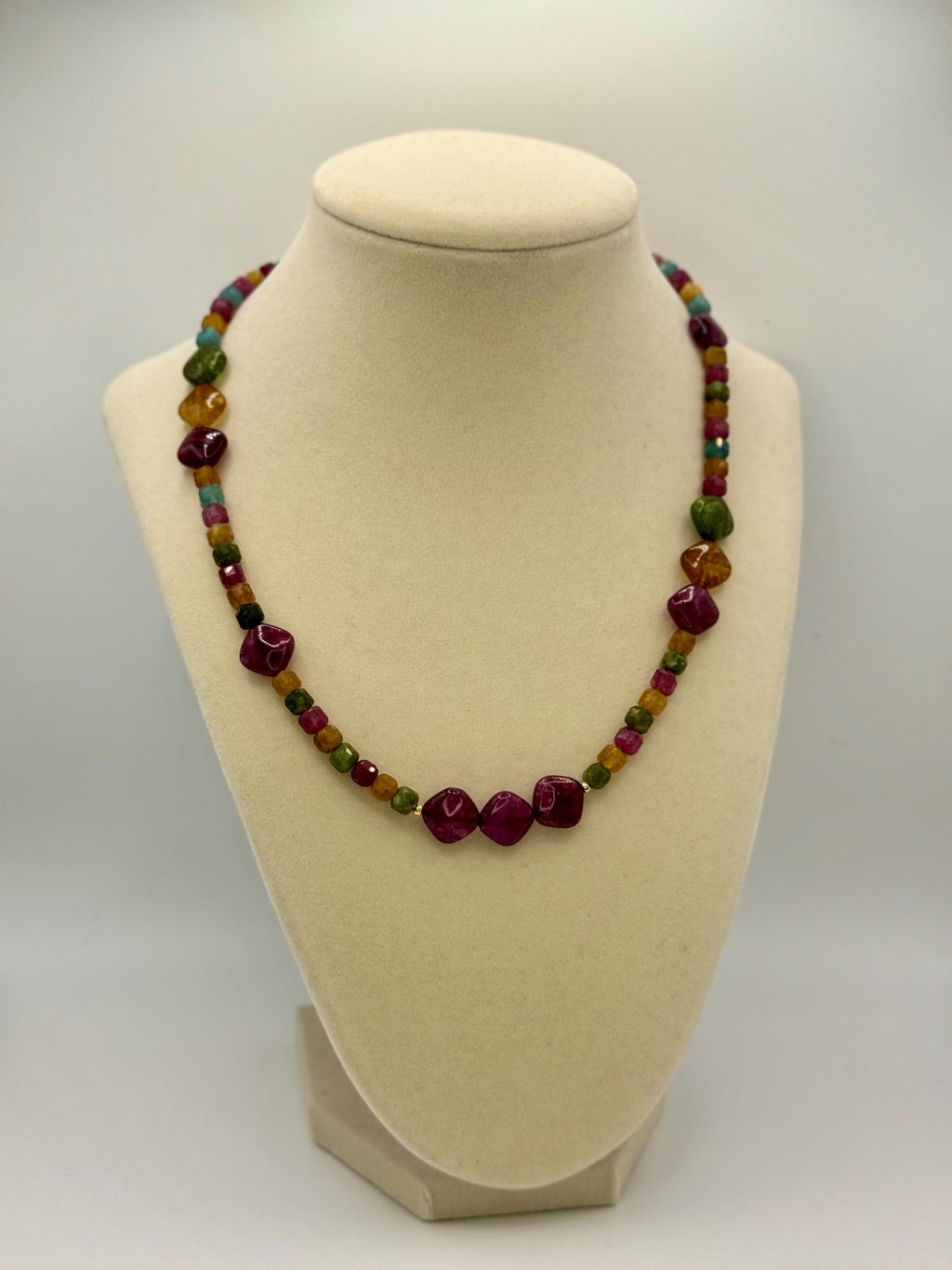 Agate & Tourmaline Stone Necklace: Multicolor Diamond Bead, 18 Inches long