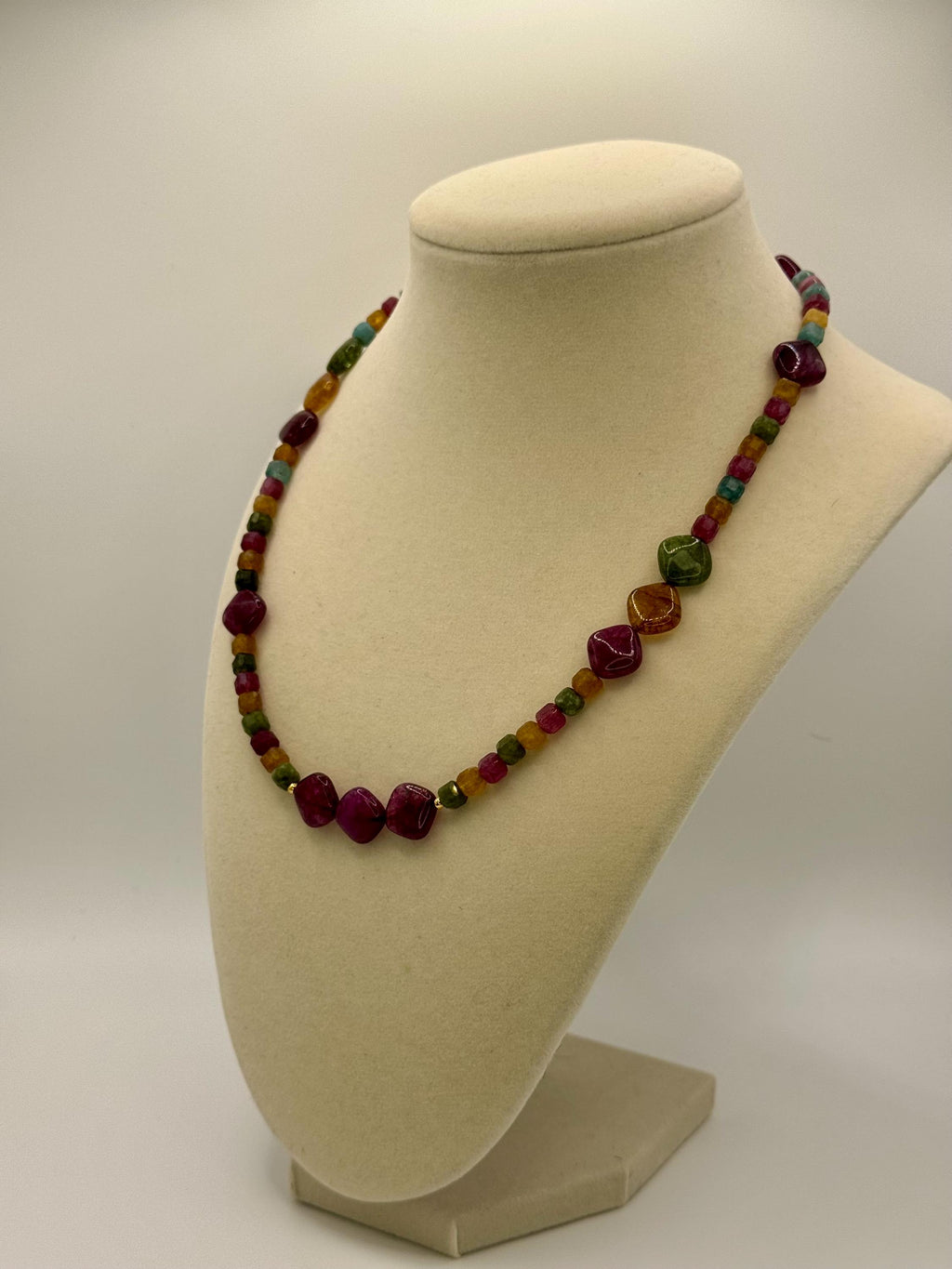 Agate & Tourmaline Stone Necklace: Multicolor Diamond Bead, 18 Inches long