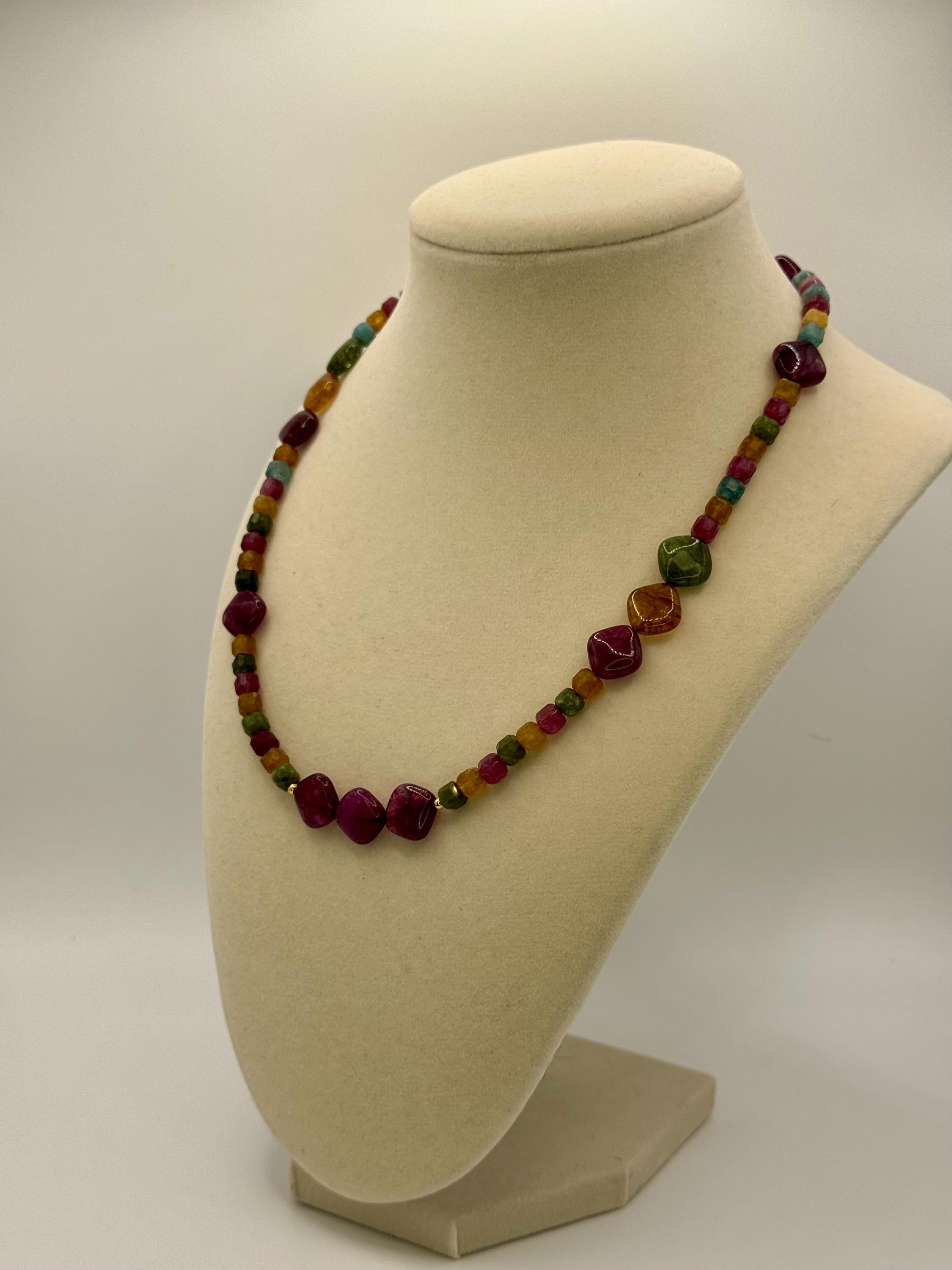 Agate & Tourmaline Stone Necklace: Multicolor Diamond Bead, 18 Inches long