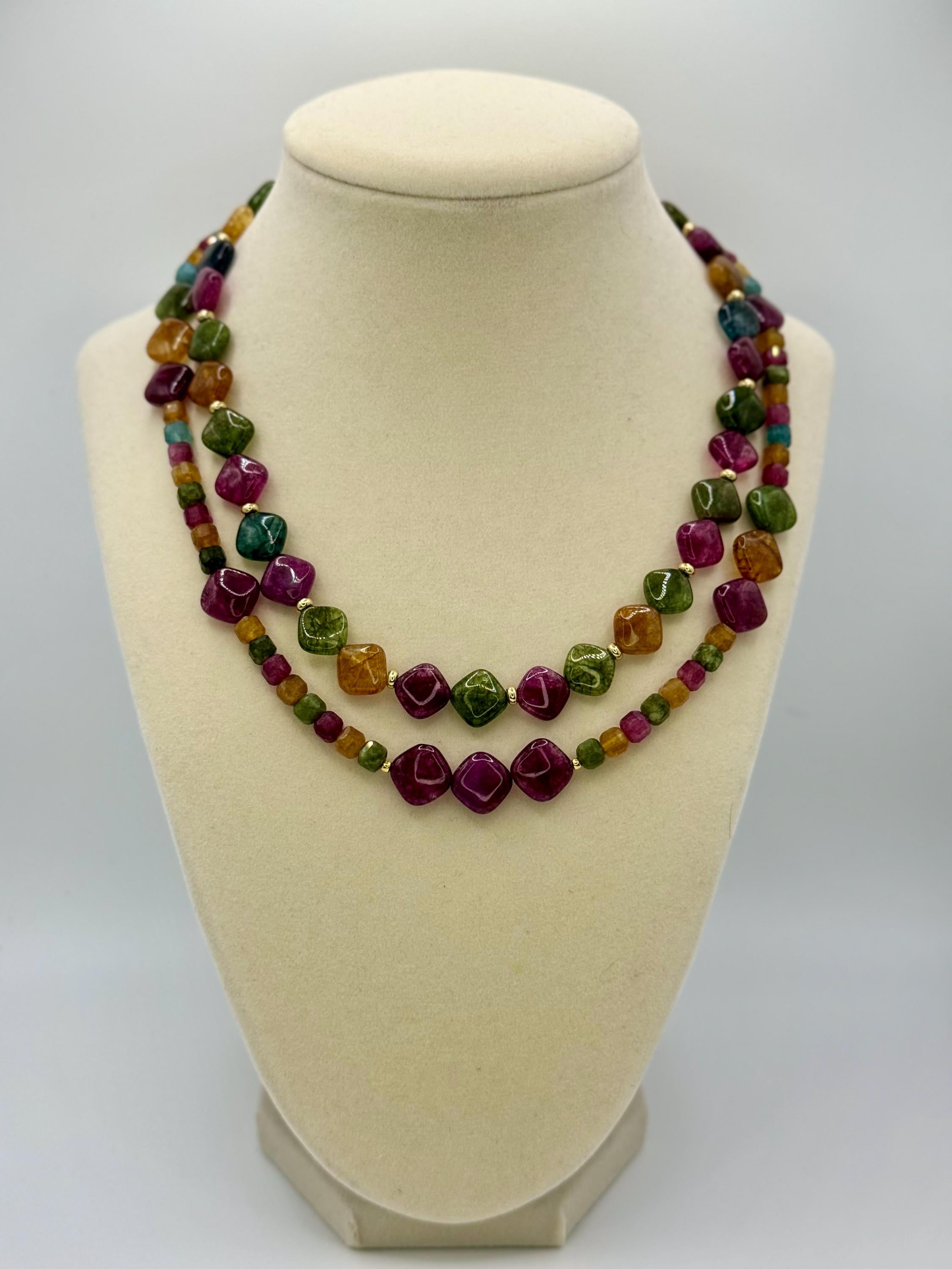 Agate & Tourmaline Stone Necklace: Multicolor Diamond Bead, 18 Inches long