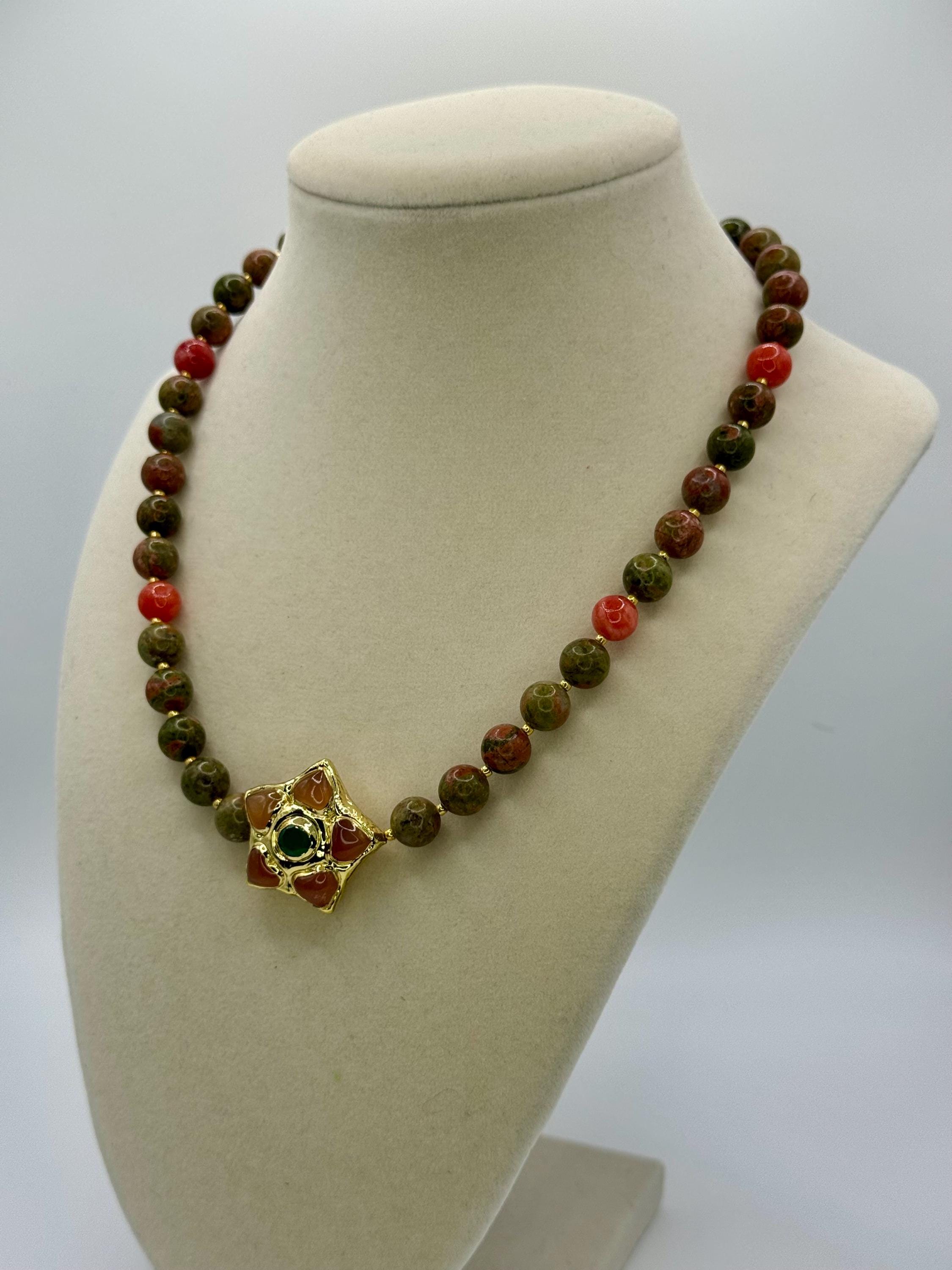 Unakite 8mm Bead with Pink Dyed Quartz & Pendant Necklace – 17 Inches