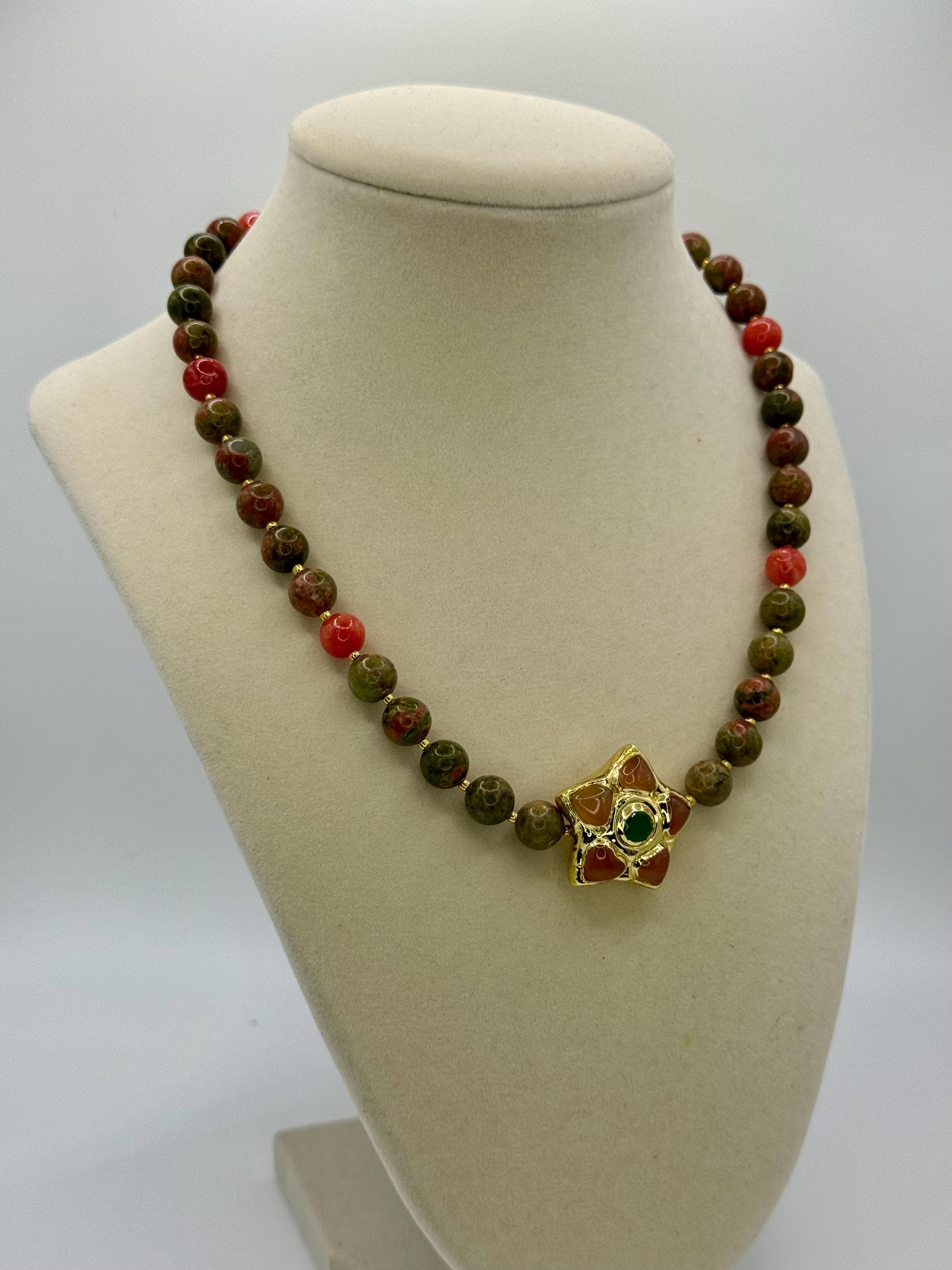 Unakite 8mm Bead with Pink Dyed Quartz & Pendant Necklace – 17 Inches