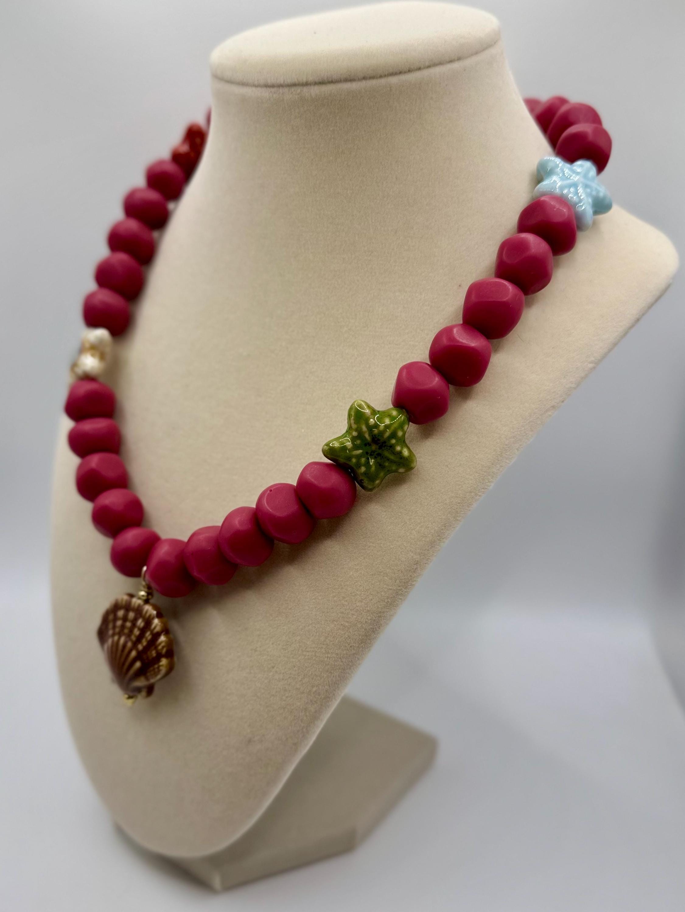 Dusty Rose Resin 12mm Nuggets necklace with Porcelain Shell & Starfish Pendants - 18.0 inches long