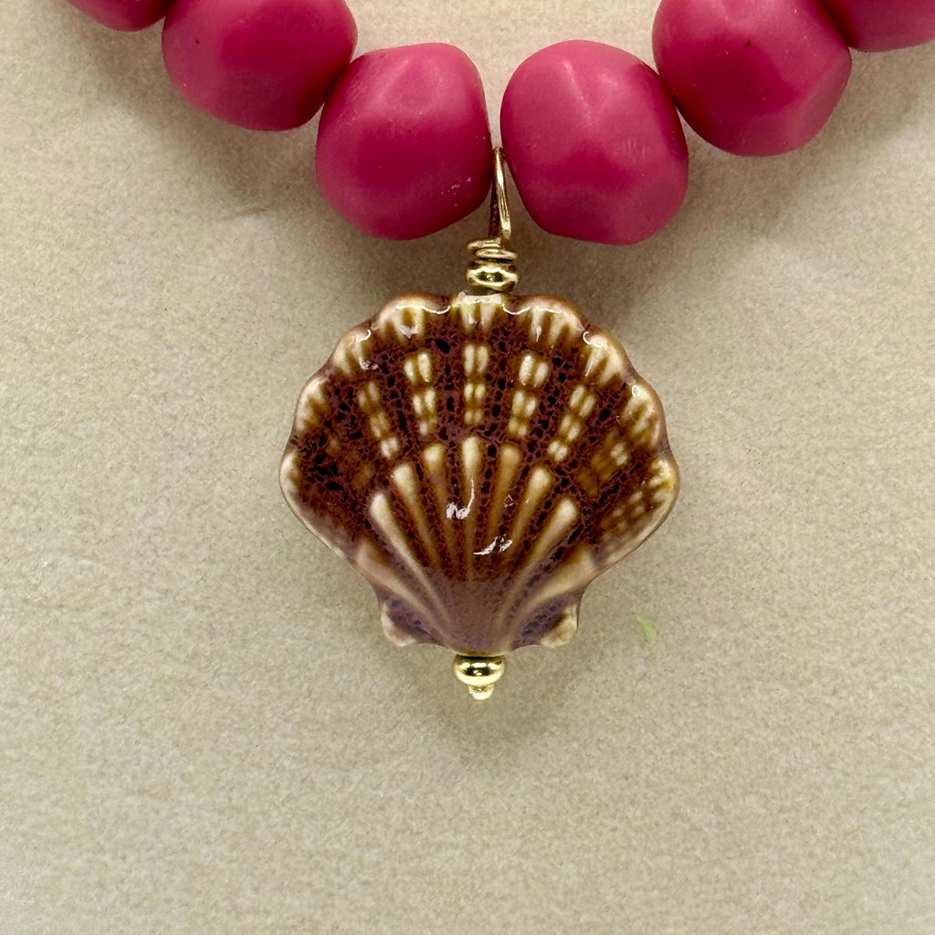 Dusty Rose Resin 12mm Nuggets necklace with Porcelain Shell & Starfish Pendants - 18.0 inches long